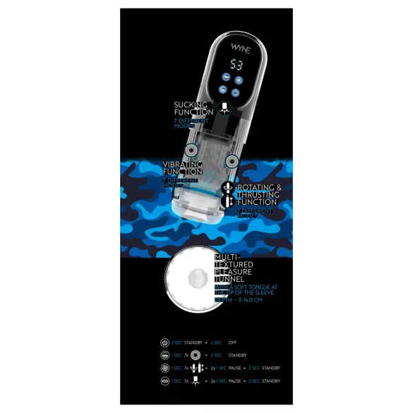 WYNE 12 - смукателен, въртящ се и вибриращ акумулаторен мастурбатор (черен)