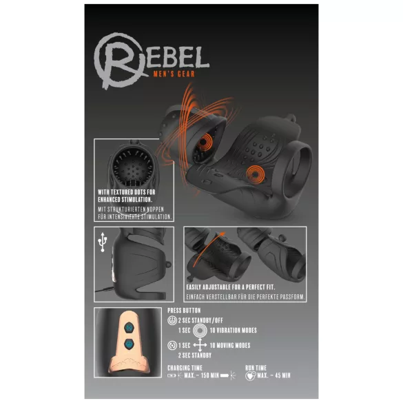 Rebel - пенис вибратор за мъже с подвижен стимулатор на главичката (черен)