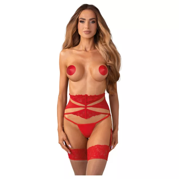 Obsessive - жартиерен колан с дантела и верижки - червен - L/XL