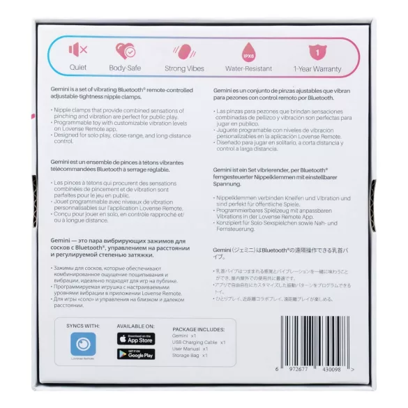 Lovense Gemini - вибриращи щипки за зърна с управление чрез приложение (розови)
