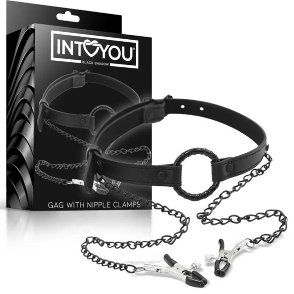 INTOYOU - топка за уста с щипки за зърната - черна