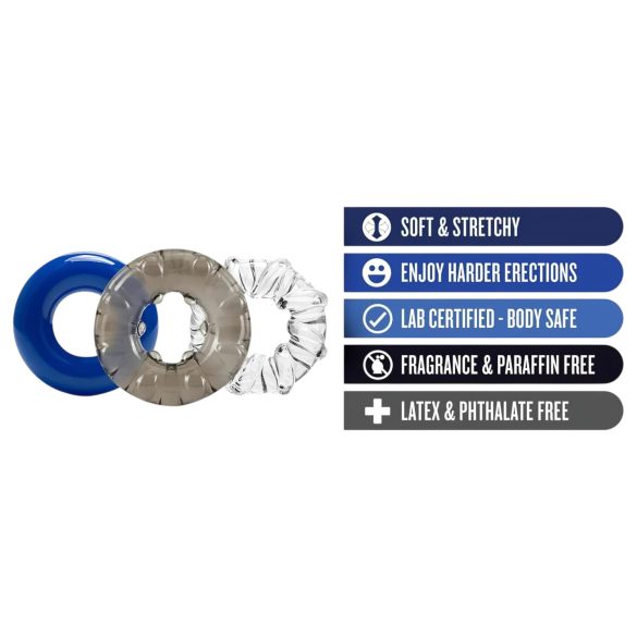 Stay Hard - комплект пенис рингове - 3 броя - цветни