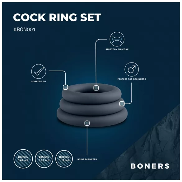 Boners - комплект пенис пръстени - 3 броя - сив