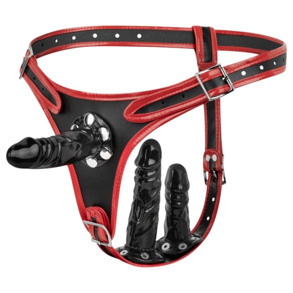 Easytoys - колан с тройно дилдо (черен)